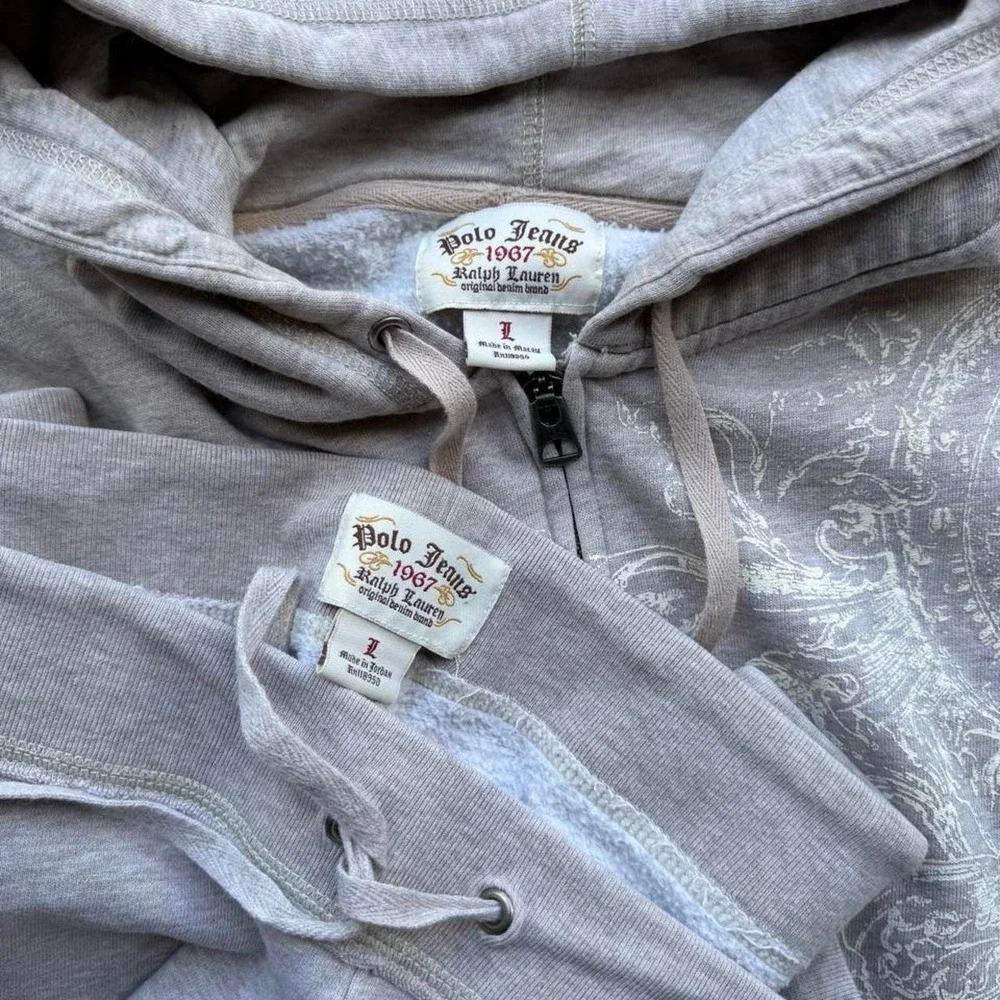Vintage Y2K cream Polo Ralph Lauren zip up hoodie and baggy sweatpants set